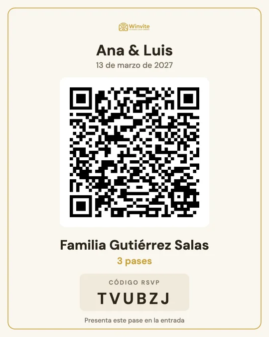 Ejemplo de pase de entrada con QR: Familia Gutiérrez Salas, 3 pases, código TVUBZJ