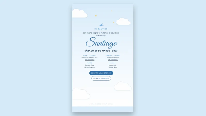 Demo de invitación digital Cielo - Bautizo